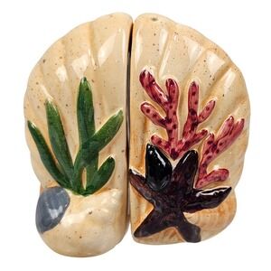 Vintage Nautical Seashell Salt and Pepper Shakers Ceramic Coral Starfish Beige